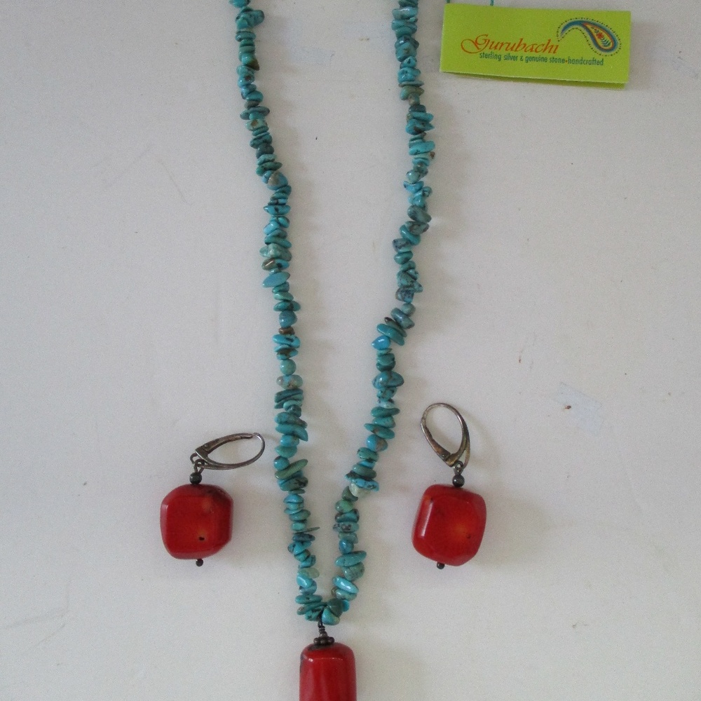 Gurubachi Turquoise & Red Necklace & Earrings NEW